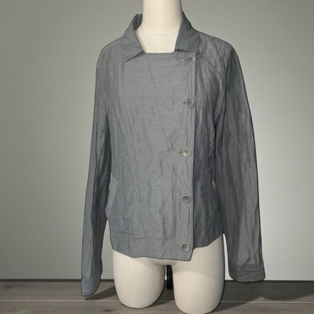 EILEEN FISHER | Petite M Gray Silver Crinkle Metallic Asymmetric Moto Jacket